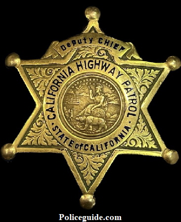 C.H.P.  Deputy Chief badge presented to N. F. Milnor by Frank Snook 1930.  Made by Ed Jones Oakland, CAL and stamped Gold Front.