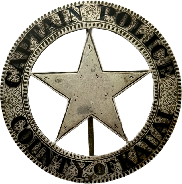 Kauai Captain Police, sterling and hand engraved badge,Kingdom of Hawaii, circa 1895.   