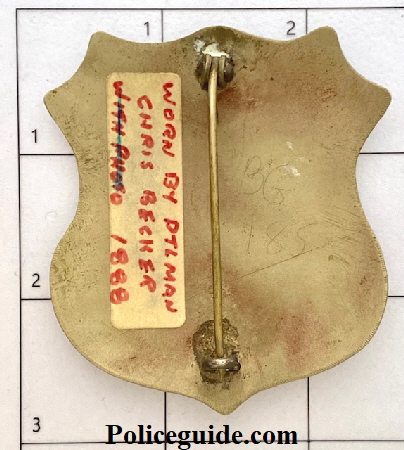 Back of New Utrecht Police Badge #117 worn by Patrolman Chris Becker 1888 .