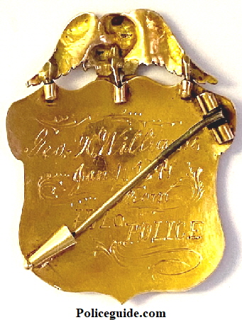 Sheriff of Hawaii badge presentation:  Geo. H. Williams / Jan. 1, 1894 / From Hilo Police