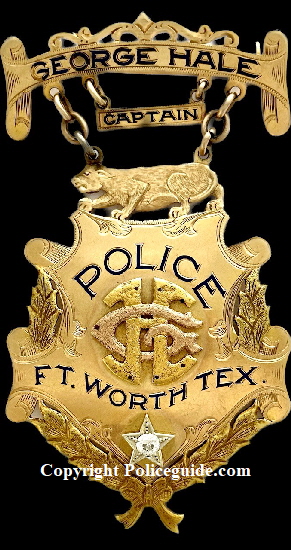 14k gold Ft. Worth Police presentation Captain badge to George Hale.  Presentation on back “Boys of North Side to Captain Hale 3-16-23.