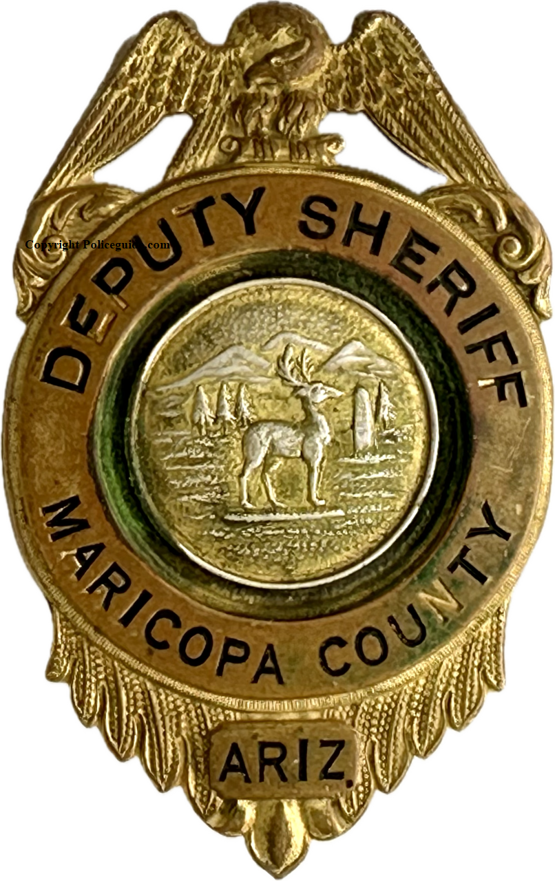 Maricopa County Deputy Sheriff, eagle top shield with Territorial center seal, prior to 1912.  Just under 3” tall.