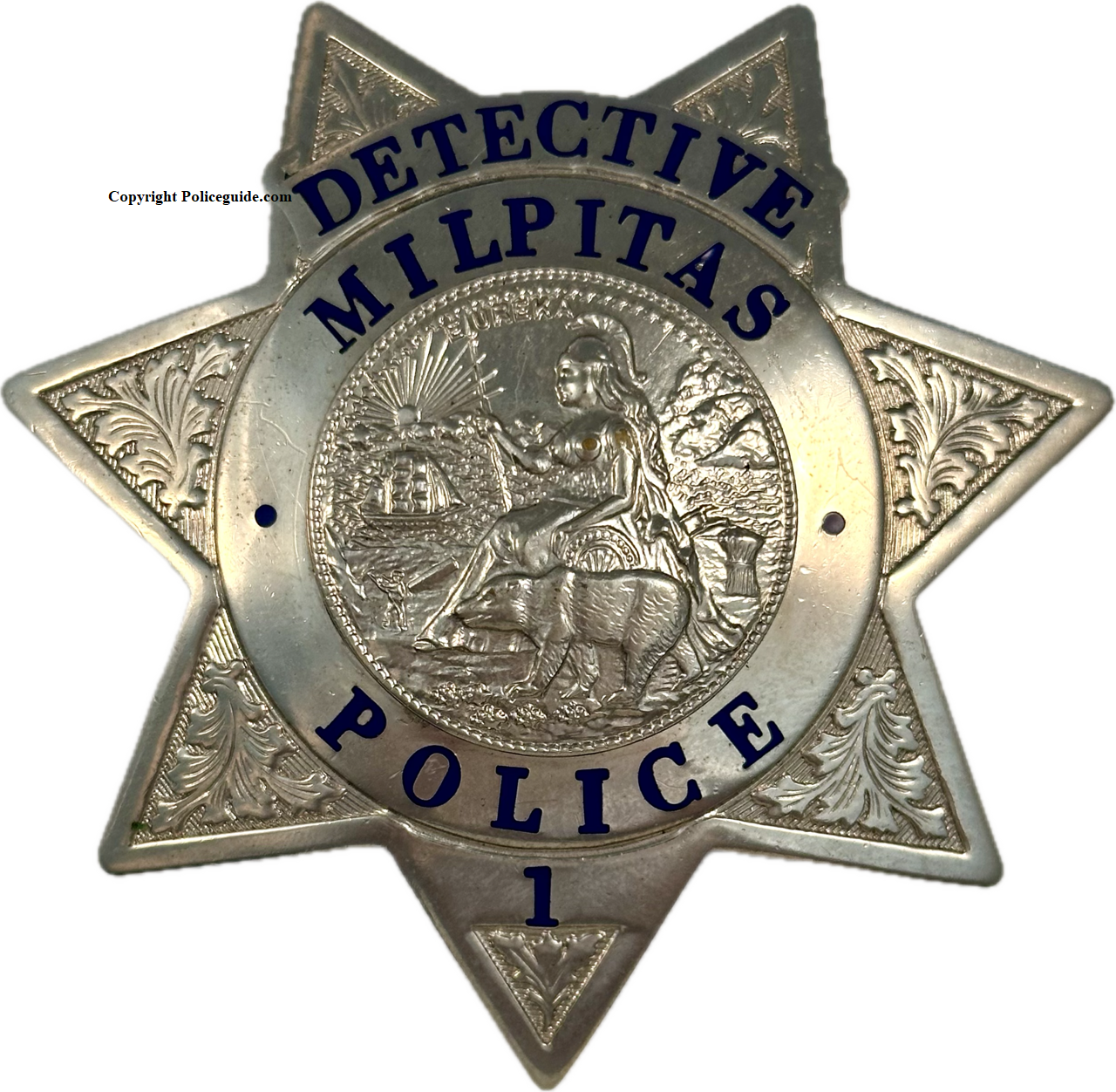 Milpitas Detective badge #1 hallmarked Geo. F. Cake Co. Berkeley, CA.  Hard fired blue enamel.
