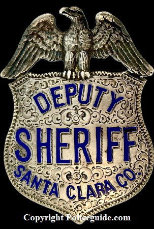 Santa Clara County deputy sheriff eagle top shield, circa 1920.  Made of sterling silver with hard fired blue enamel and hand engraved.