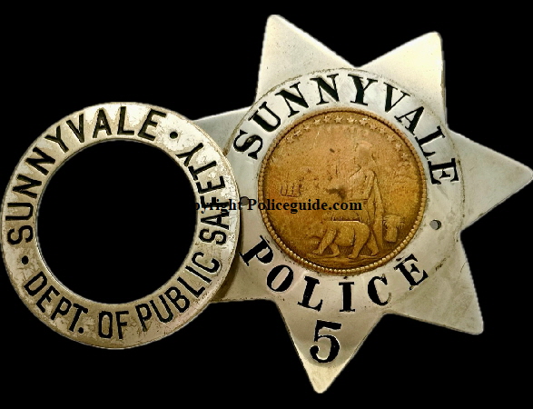 Sunnyvale police badge 5 showing the Dept. of Public Safety ring that was added to the badge when the department changed.  Hallmarked  Patrick and M. K. Co. San Francisco.  Circa 1950.