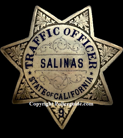 Salinas Traffic Officer State of California, made of sterling with hard fired blue enamel.  Hallmarked Irvine & Jachens 1068 Mission St. S.F.