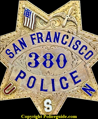 San Francisco Police Presentation Star #380 with applied U.S.A. flag to left, Wings and Propellar to right, and U S N in the bottom points. ( U. S. Navy.)