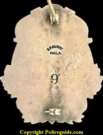 Atlantic City Detective shield, sterling silver with hard fired blue reverse enamel lettering.  Made by S. P. Durry Phila.  Sterling silver.