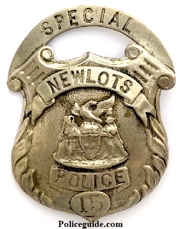 New Lots Police Special badge No. 15.  Town of New Lots existed from 1852 when the area seceded from Flatbush until it was annexed in 1886 as the 26th Ward of Brooklyn.