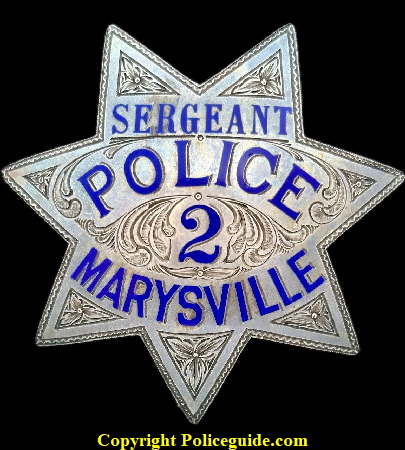 Sergeant Police 2 Marysville star.  On the reverse:  Joseph Edmund Wemple / Police Officer / Nov. 1922 - Feb. 1946 / A Devoted Public Servant / Presented to / Mrs. J. E. Wemple' By The City of Marysville / With Deepest Sympathy.  Hallmarked Ed Jones & Co. Oakland Cal.
