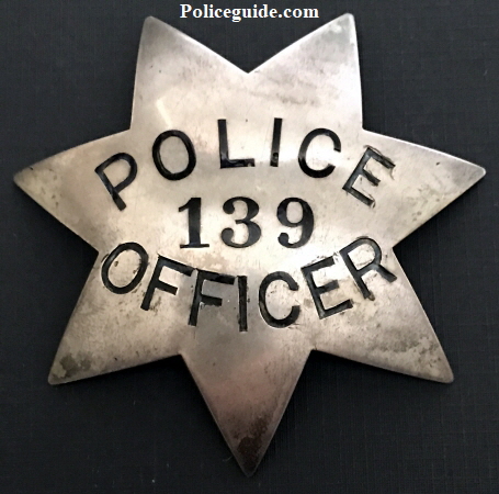  Oakland Police Department badge #139 issued to Edward K. Long on 2-2-12.  he badge is hallmarked Ed Jones 853 40th St. Oakland, CA and is marked Coin Silver and has a date stamp 12-28-10.