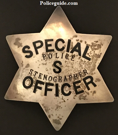 Oakland Police Special Officer, Police S Stenographer.  Circa 1895, made of sterling silver and issued to Officer Walsh.
