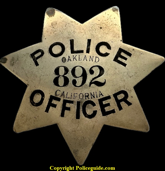 Oakland Police Officer star #892, made by Patrick & M.K. Co. San Francisco, CAL
