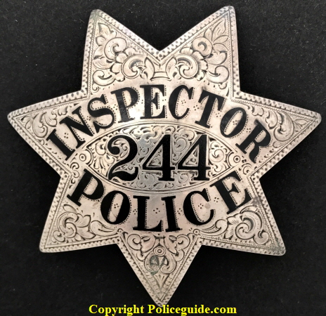 Oakland Police Inspector star #244, made by Ed Jones Co. Oakland, CAL.  Star is sterling silver and hand engraved.  C. A. Crosswell wore these badges, he was appointed to the department on 12-1-1922.