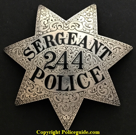 Oakland Police Sergeant star #244, made by Ed Jones Co. Oakland, CAL.  Star is sterling silver and hand engraved.  C. A. Crosswell wore these badges, he was appointed to the department on 12-1-1922. 