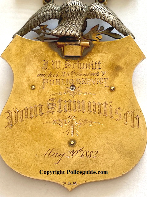 Superintendent Cleveland Police presentation badge to Jacob W. Schmitt on his 25th anniversary with the department., dated May 20th, 1882