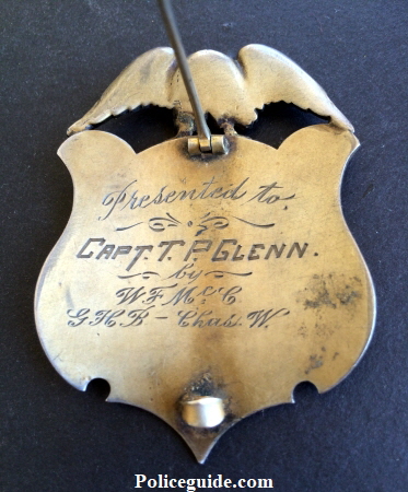 Sterling presentation badge, presented to Captain T. P. Glenn by W.F. Mc G / GHB - Chas. W.