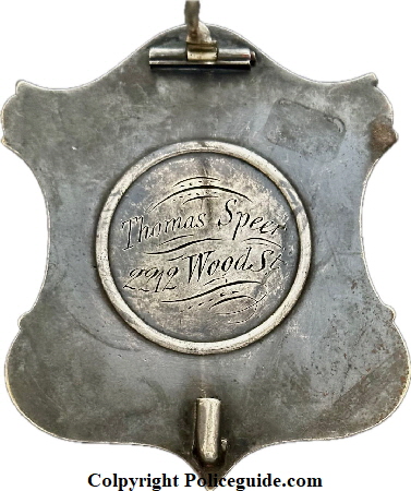 Philadelphia Police shield No. 386, made of silver and inscribed on the reverse, Thomas Speer 2212 Wood St.