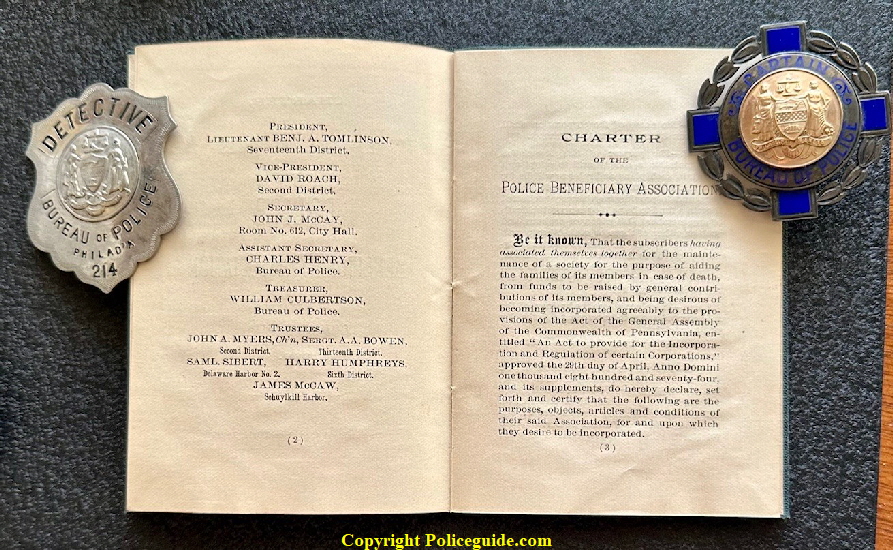 Caleb J. Brinton�s P.B.A. book dated 1898 along with his Detective and Captain shields.