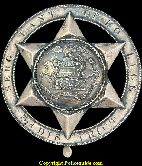 Philadelphia Police Sergeant 3rd District circle and star badge presented to Sergeant Pearson by the Officers of the 5th Ward as a Token of their Esteem May 22nd 1860. Philadelphia Police Sergeant 3rd District circle and star badge presented to Sergeant Pearson by the Officers of the 5th Ward as a Token of their Esteem May 22nd 1860.