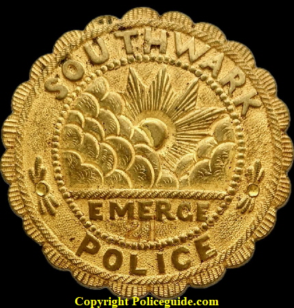 Southwark Emergency Police badge, circa 1850.  These were issued to the Night Watch Police whose job included, fire watch, crime watch and also garden watch as most people had a garden they did not want raided in the night.  SKU7746