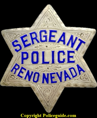 Reno Police Dept. Sergeant badge, made of sterling silver with hard fired blue enamel.