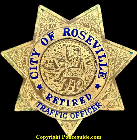City of Roseville Retired Traffic Officer star presented to George L. Cirby March 1, 1926 - Dec. 31, 1957 By The California Association of Highway Patrolment.  Made by Entenmann Los Angeles 15.