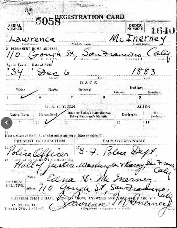 1917-18 Draft Card for Lawrence McInerney, occupation listed as "Police OFficer".