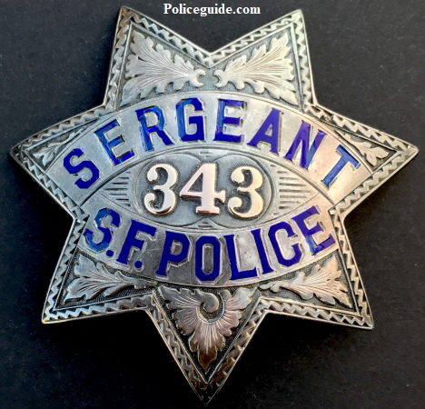 Franklin Lane’s San Francisco Police Sergeant badge #25. Made by Irvine & Jachens S. F. Dated 7-9-25. Franklin Lane’s San Francisco Police Sergeant badge #25. Made by Irvine & Jachens S. F. Dated 7-9-25.