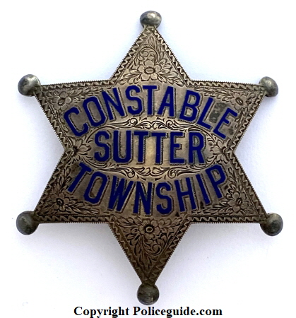 Constable Sutter Township Sacramento County, hand engraved, hard fired blue enamel, made by Ed Jones Co.Oakland, CAL