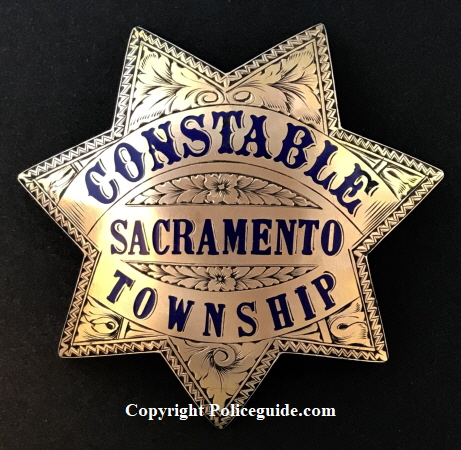 Sacramento County Constable badge presented to Mike Morairity.  Badge is gold front and beautifully hand engraved.