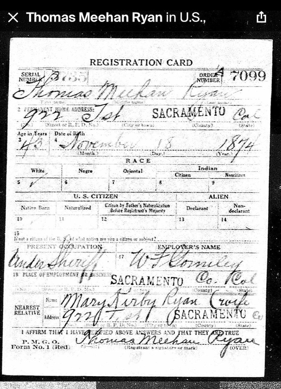 Thomas Ryan WWI draft card
