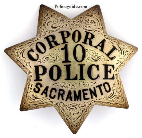 Engraved Sacramento Corporal #10 Police, sterling silver badge.  Dated 9-27-22.  Issued to Lee Parker.  SKU6621