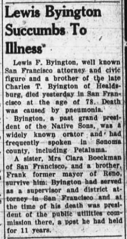 Petaluma Argus May 8, 1943 Obit L.F. Byington