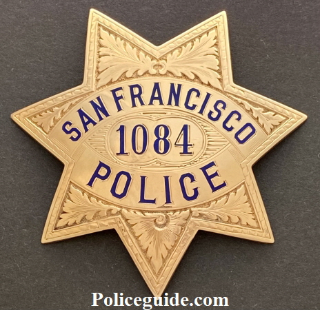 This 14k gold badge was presented to San Francisco Police Officer John J. McLaughlin by fellow officers of the Harbor Police Station for “Act of Bravery on December 25, 1927.  McLaughlin was appointed to the department on October 1, 1924.  The badge is hallmarked Irvine & Jachens and marked 14k.