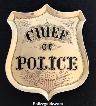 San Francisco Police Chief Martin J. Burkes 14k gold presentation badge.  The San Francisco Bulletin newspaper in May of 1860 mentioned his badge and called it Dazzling. 
