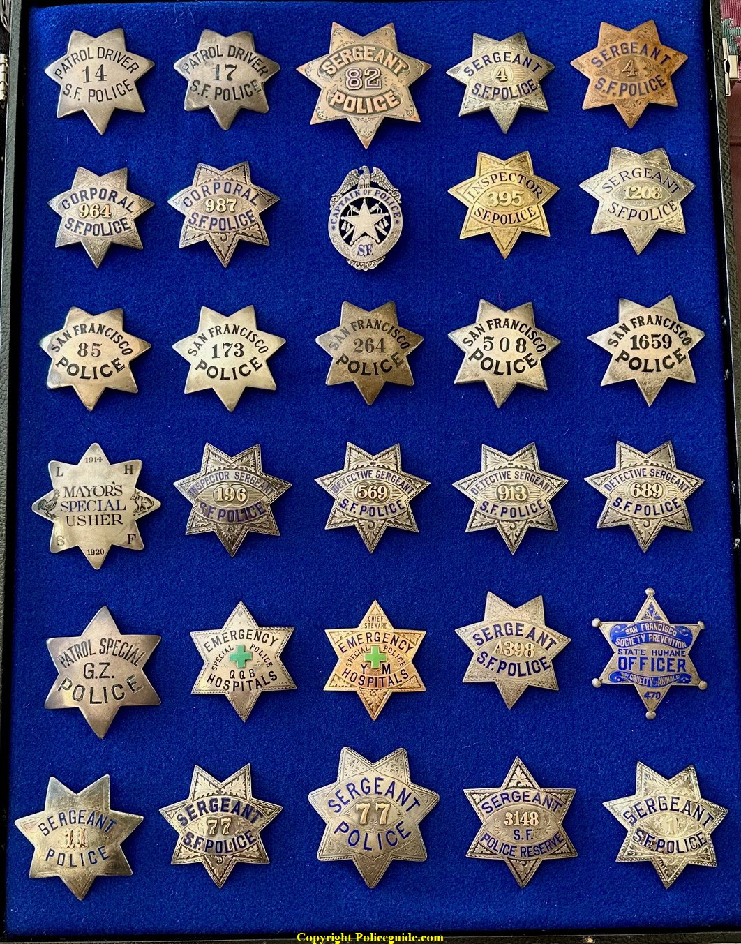 San Francisco Police badge display includes rare San Francisco Humane star. All of these badges are sterling silver or 14k gold,, circa 1870 to 1946. San Francisco Police badge display includes rare San Francisco Humane star. All of these badges are sterling silver or 14k gold,, circa 1870 to 1946.