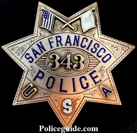 14k gold San Francisco Police presentation badge #343: Presented to Franklin K. Lane / By Fellow Members of Co. A. S.F.P.D. / July 1, 1919. 