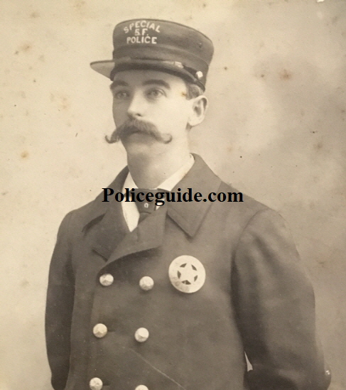 This nickel badge was made by J.C. Irvine San Francisco circa 1886 and is similar to the one this officer, a S.F.P.D. Special named George F. Nichols is wearing.  He was shot on August 23, 1900 while investigating a burglary in progress. Nichols died of his wounds on the morning of August 24, 1900.  PHOTO OF NICHOLS THAT APPEARS IN THE SAN FRANCISCO CALL  SATURDAY AUGUST 25,1900.