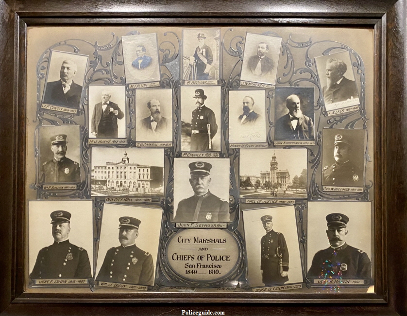 S.F.P.D. officer and photographer G. W. Blum created this collage of all City Marshals and Chiefs of Police from 1849 to 1911 when John F. Seymour was appointed Chief of Police.  Each photo is individually mounted followed by delicate and intricate ornamental filigree and text was painstakingly hand painted.