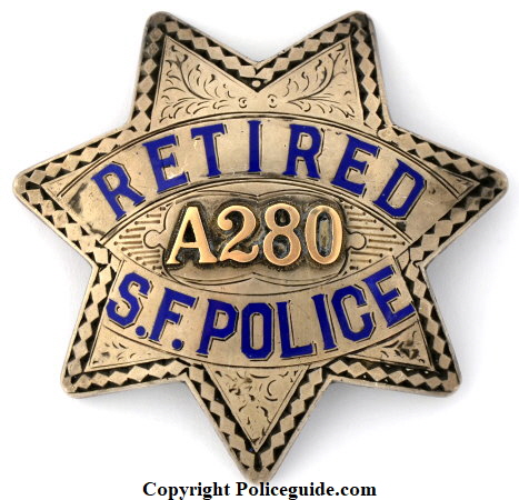 San Francisco Police star A280 Retired. Made by Irvine & Jachens 1027 Market St. S.F. and dated 7-1-15. Sterling silver. San Francisco Police star A280 Retired. Made by Irvine & Jachens 1027 Market St. S.F. and dated 7-1-15. Sterling silver.