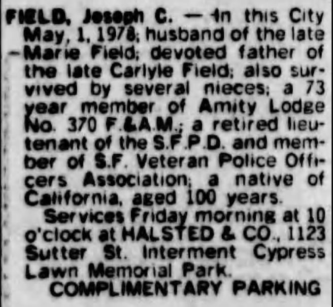 San Francisco Examiner May 3, 1978 Field Obit