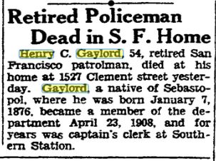 SFPD Ret A154 Gaylord Obit 2 SF Chron 7-22-30