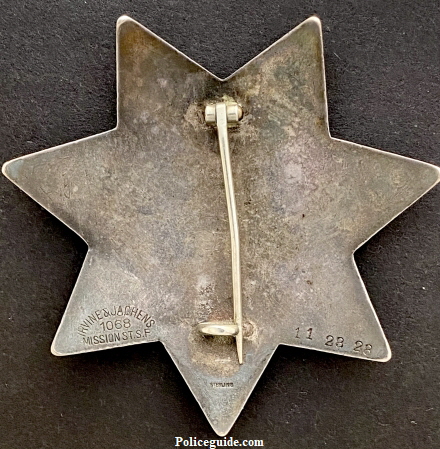 Reverse of Henry Gaylord’s SFPD badge A154.  Hallmarked Irvine Jachens 1068 Mission St. S.F., stamped sterling and dated 11-28-28.