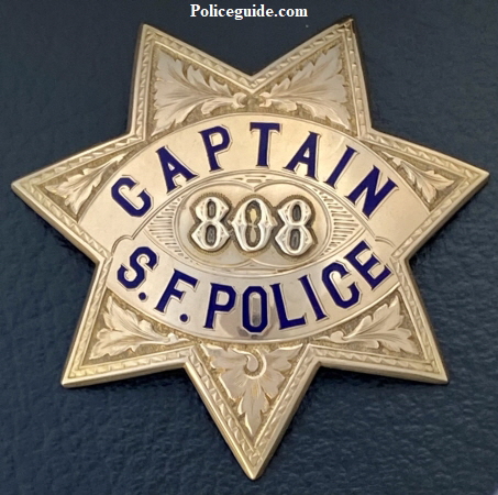 San Francisco Police Captain star #808, issued to Danield J. OBrien on 2-18-24, hallmarked Irvine & Jachens S.F. 14k