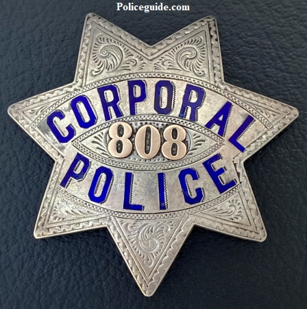 San Francisco Police Corporal star #808, issued to Danield J. OBrien on 10-19-07, hallmarked Irvine & Jachens  2129 Market St. S.F. Coin Silver.