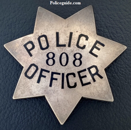 San Francisco Police star #808, issued to Danield J. OBrien on 12-29-08, hallmarked Irvine W. & Jachens S.F. Sterling.