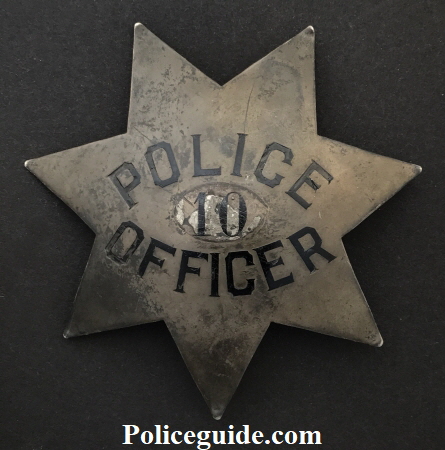 2nd issue San Jose Police badge.This huge pie plate style badge is sterling silver and at one time had a disc with a different number affixed over the original number 10.