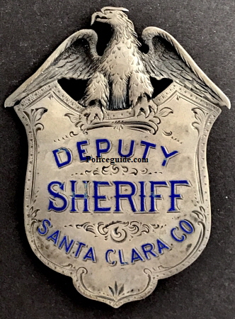 Santa Clara County deputy sheriff badge, circa 1880.  Sterling silver, hand engraved, T-pin.