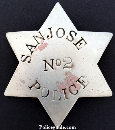 San Jose Police 1st issue badge No 2.  T-pin.